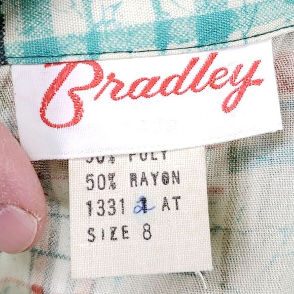 Vintage '70s Bradley Knitwear Green Plaid Patchwork Print Button Down Top Size M - Picture 11 of 16